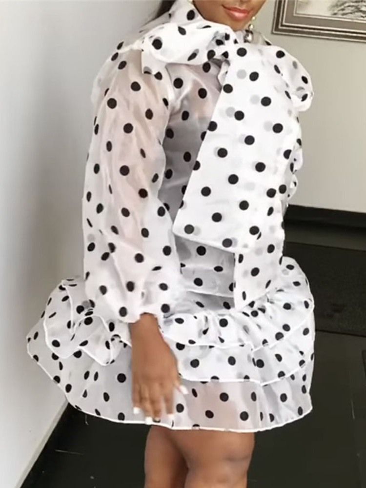 Rosettkrage Ovanför Knäet Print Pullover Polka Dots Klänning