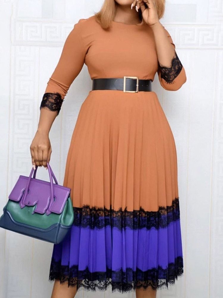 Rundhalsad Midi-Kalv Patchwork Pullover Color Block Midi-Klänning