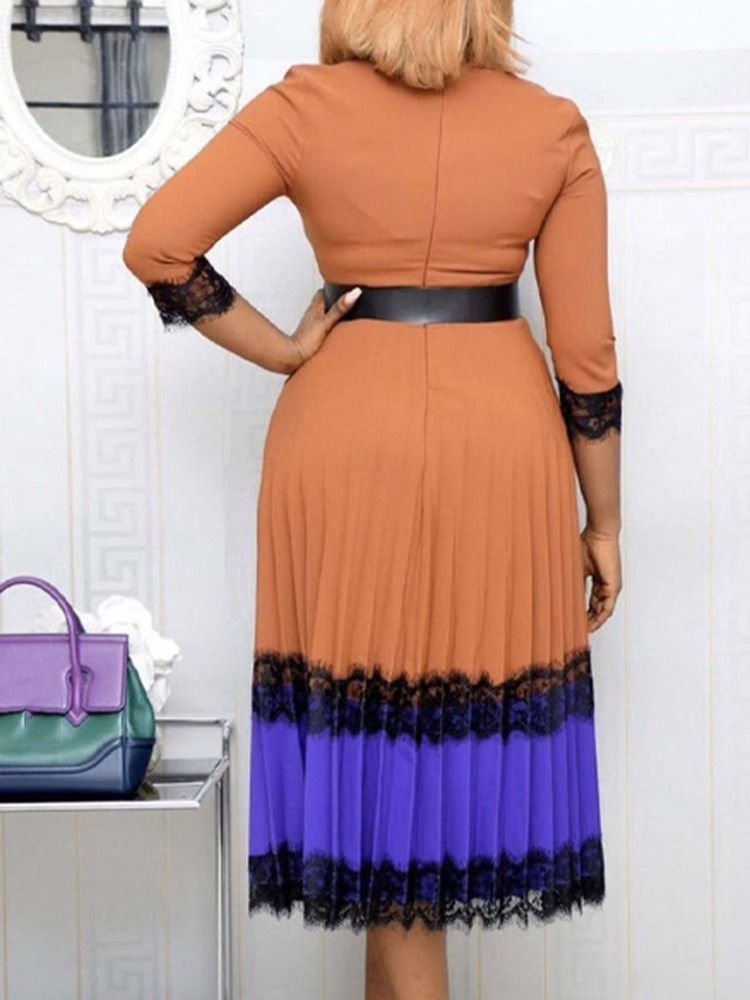 Rundhalsad Midi-Kalv Patchwork Pullover Color Block Midi-Klänning
