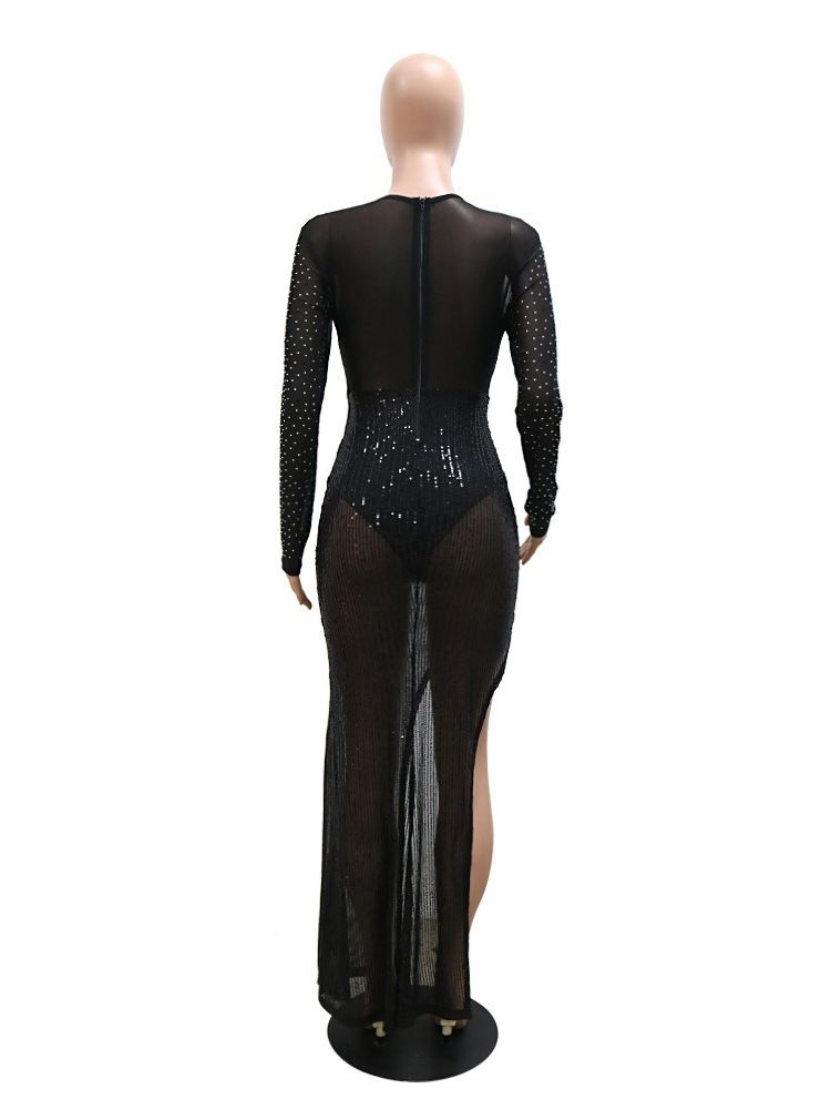 Rundhalsad Split Långärmad Mode Mid Waist Klänning