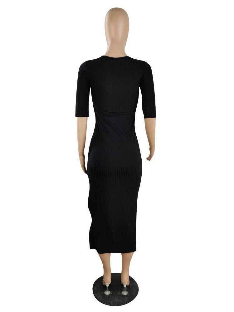 Split Half Sleeve Mid-Calf Plain Bodycon Klänning