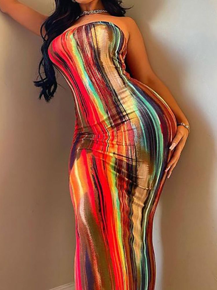 Tie Dye Ärmlös Golvlång Bodycon-Klänning