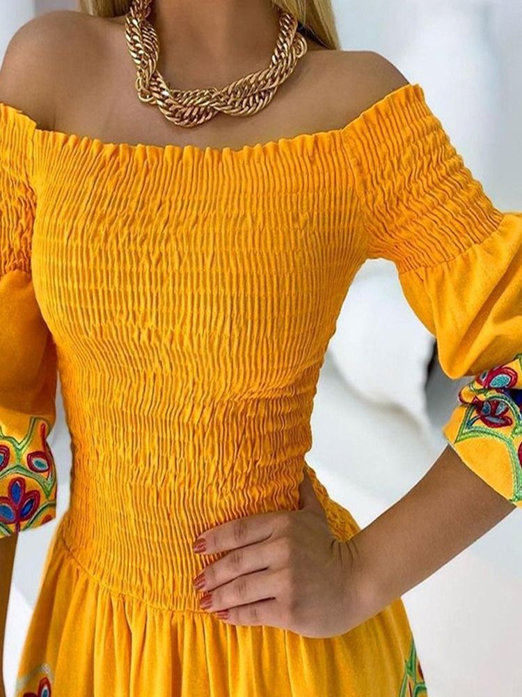 Tre Fjärdedels Ärm Off Shoulder Print Blommig Modeklänning