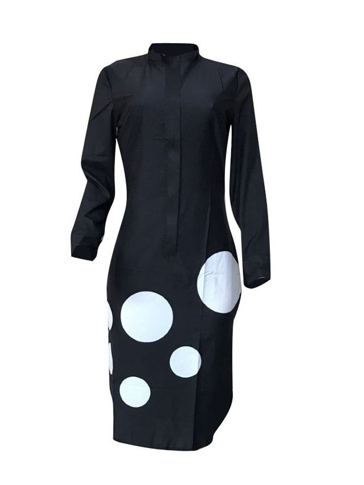 Tryck Långärmad Knälång Casual Bodycon Klänning
