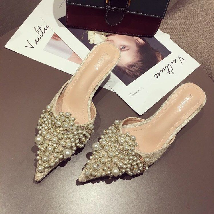 Beads Stiletto Heel Dam Mules Skor