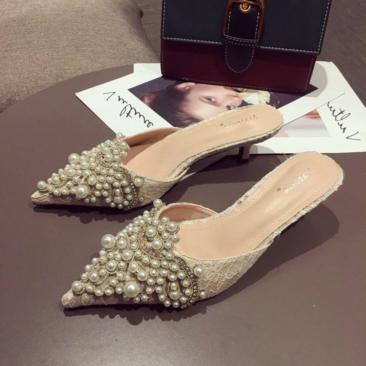 Beads Stiletto Heel Dam Mules Skor