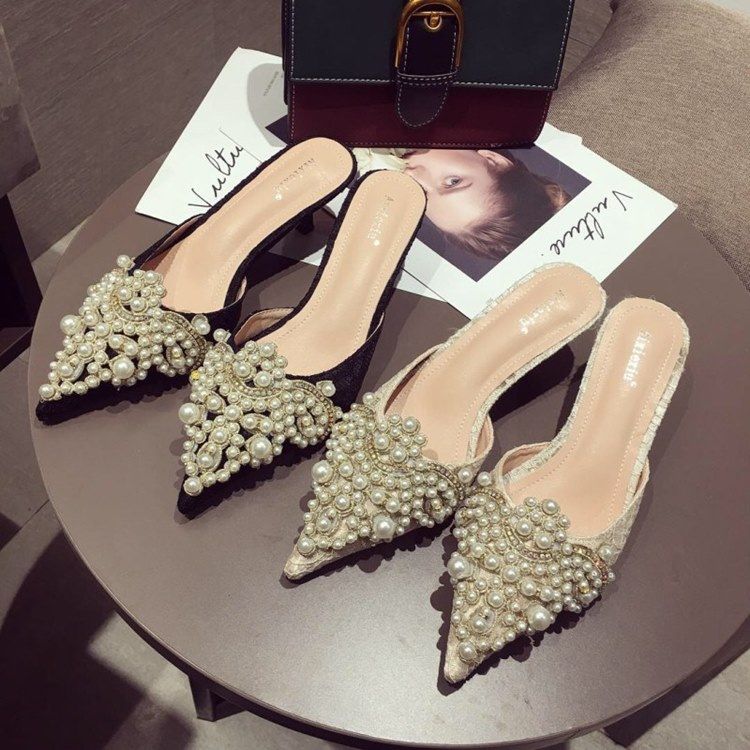 Beads Stiletto Heel Dam Mules Skor