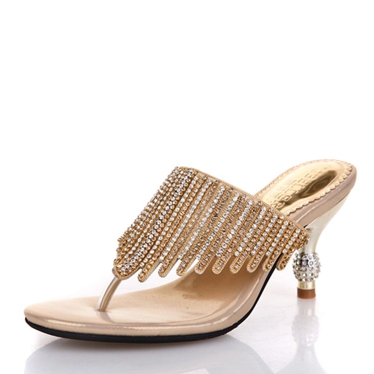 Rhinestone Thong Slip-On Spool Heel Mules Skor