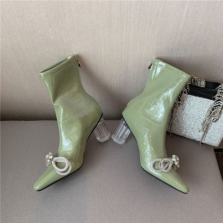 Baksida Zip Chunky Heel Spetsig Tå Rosett AnkelStövlar Boots