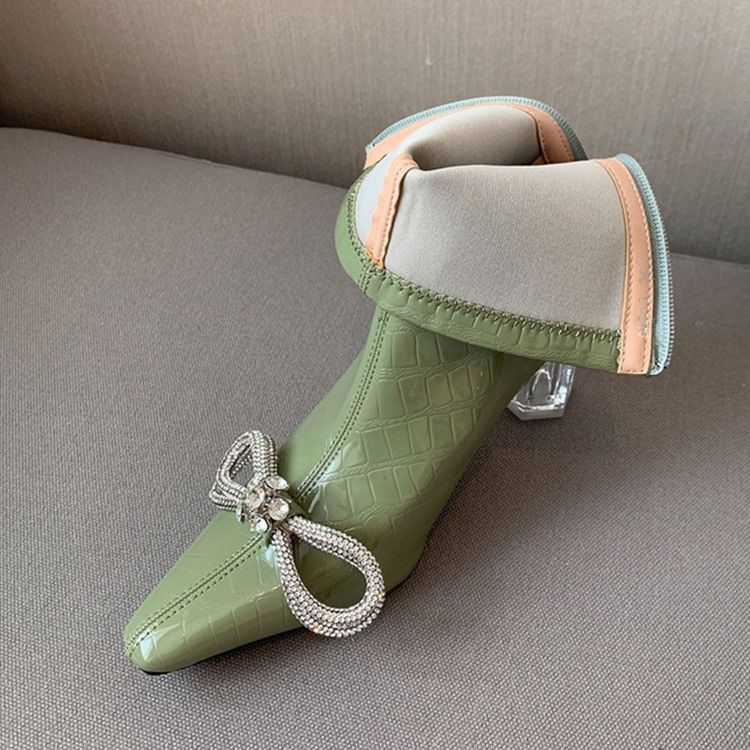 Baksida Zip Chunky Heel Spetsig Tå Rosett AnkelStövlar Boots