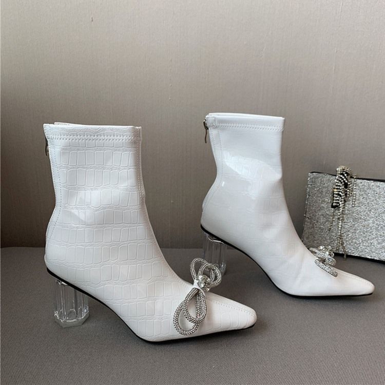 Baksida Zip Chunky Heel Spetsig Tå Rosett AnkelStövlar Boots