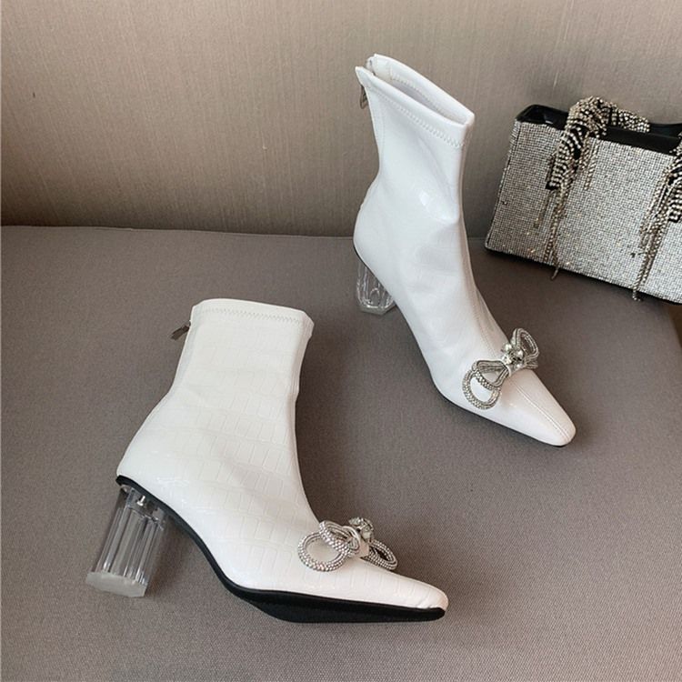 Baksida Zip Chunky Heel Spetsig Tå Rosett AnkelStövlar Boots