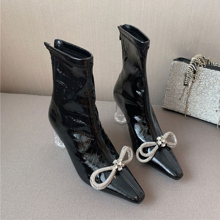 Baksida Zip Chunky Heel Spetsig Tå Rosett AnkelStövlar Boots