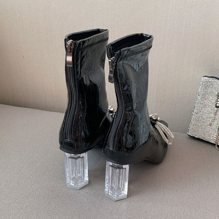 Baksida Zip Chunky Heel Spetsig Tå Rosett AnkelStövlar Boots
