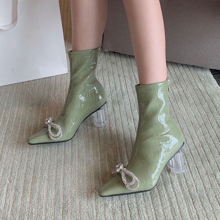 Baksida Zip Chunky Heel Spetsig Tå Rosett AnkelStövlar Boots