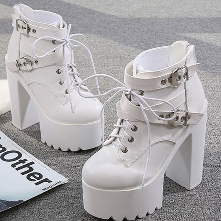 Baksida Zip Rund Tå Platform Chunky Heel Cross Strap Damstövlar
