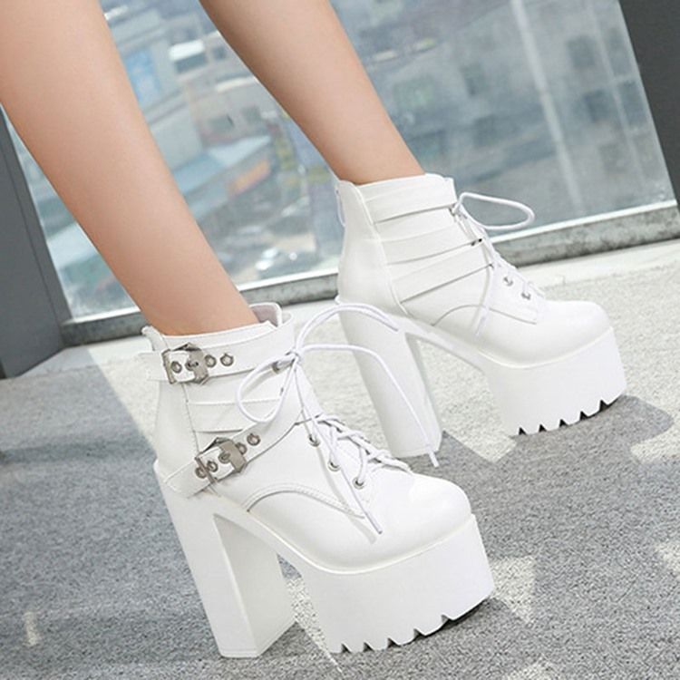 Baksida Zip Rund Tå Platform Chunky Heel Cross Strap Damstövlar