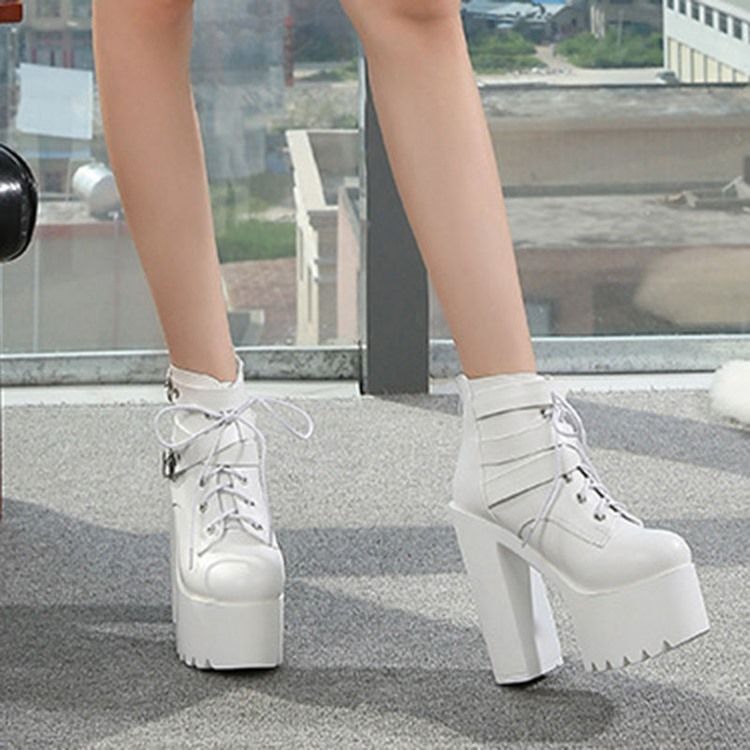 Baksida Zip Rund Tå Platform Chunky Heel Cross Strap Damstövlar