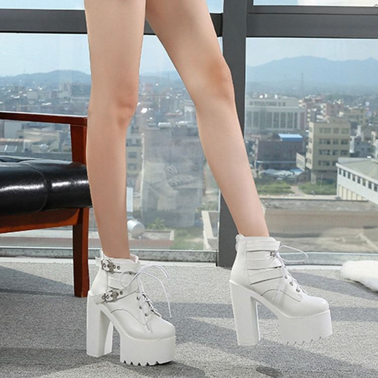 Baksida Zip Rund Tå Platform Chunky Heel Cross Strap Damstövlar