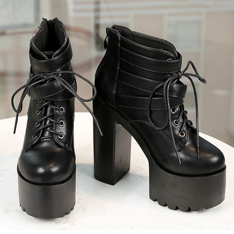 Baksida Zip Rund Tå Platform Chunky Heel Cross Strap Damstövlar