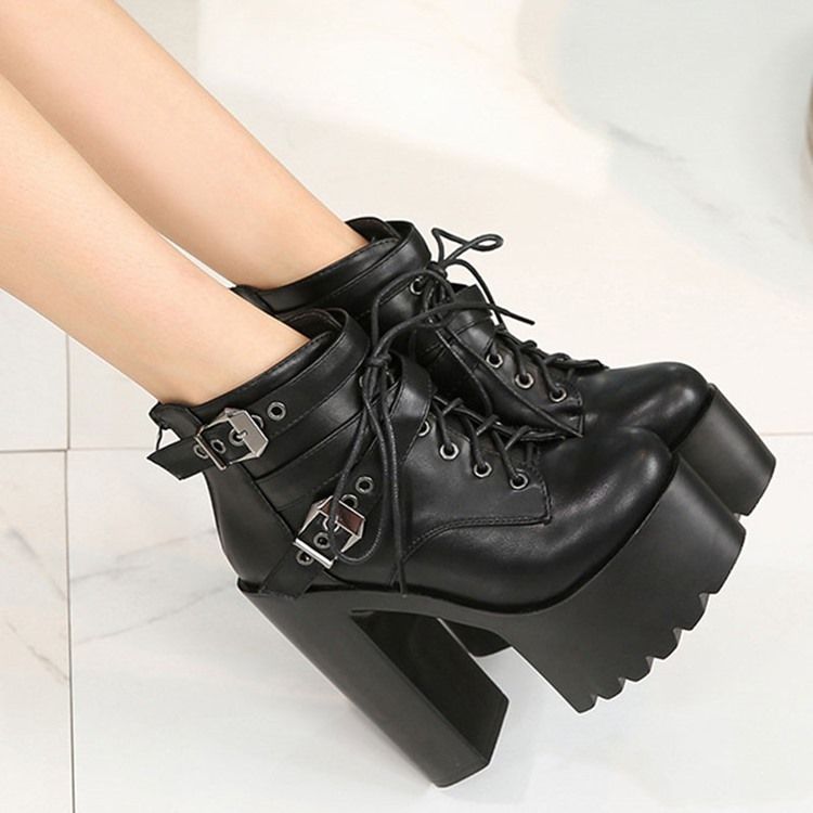 Baksida Zip Rund Tå Platform Chunky Heel Cross Strap Damstövlar