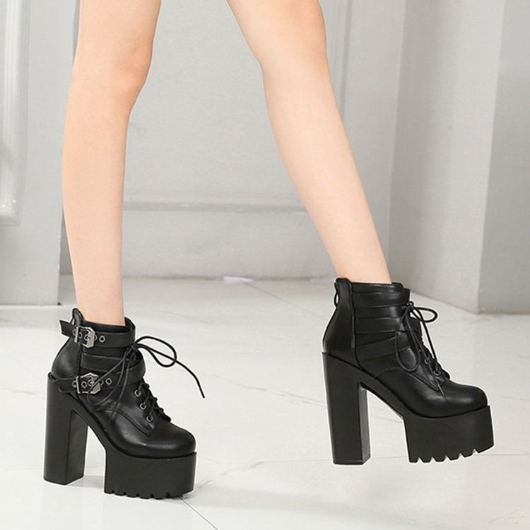 Baksida Zip Rund Tå Platform Chunky Heel Cross Strap Damstövlar