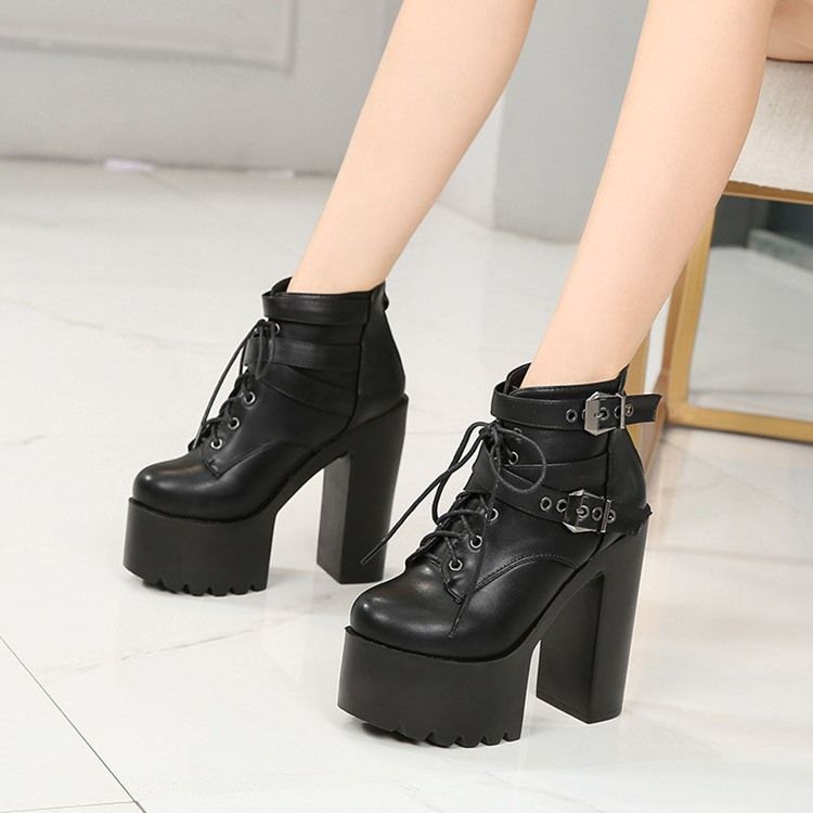 Baksida Zip Rund Tå Platform Chunky Heel Cross Strap Damstövlar