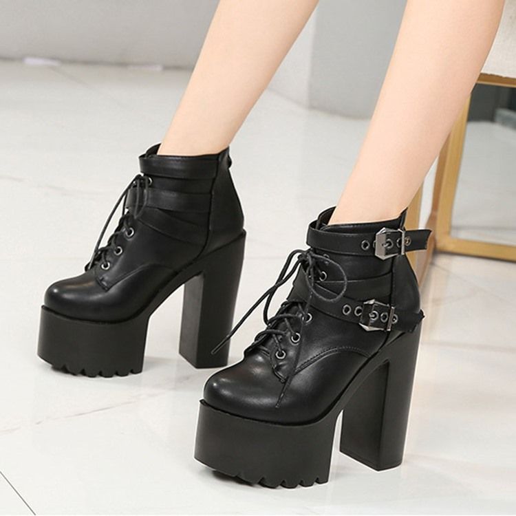 Baksida Zip Rund Tå Platform Chunky Heel Cross Strap Damstövlar