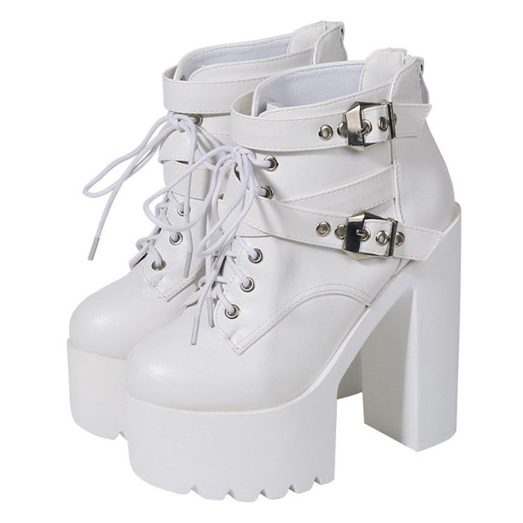 Baksida Zip Rund Tå Platform Chunky Heel Cross Strap Damstövlar