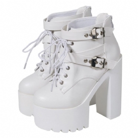 Baksida Zip Rund Tå Platform Chunky Heel Cross Strap Damstövlar
