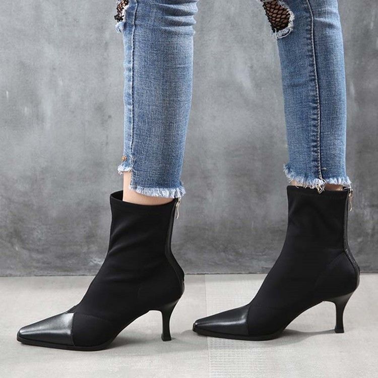 Baksida Zip Stiletto Heel Square Toe Dragkedja Stövlar Boots