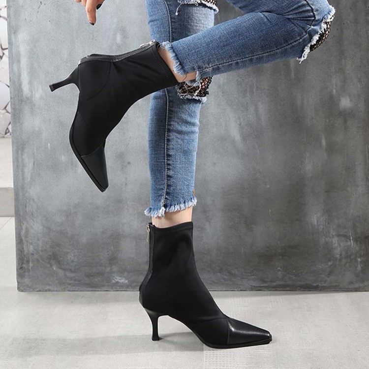 Baksida Zip Stiletto Heel Square Toe Dragkedja Stövlar Boots