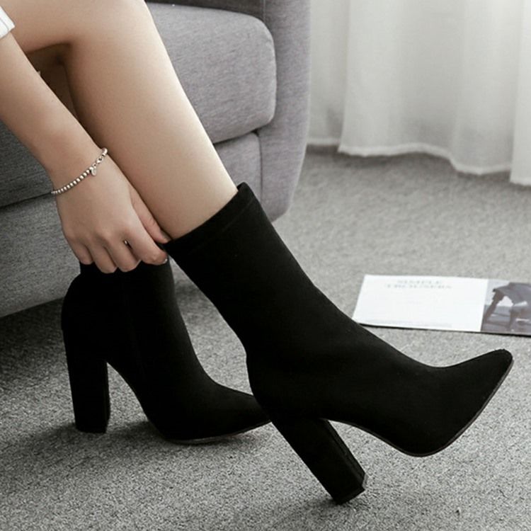 Blixtlås På Sidan Plain Chunky Heel Västerländska stövlar