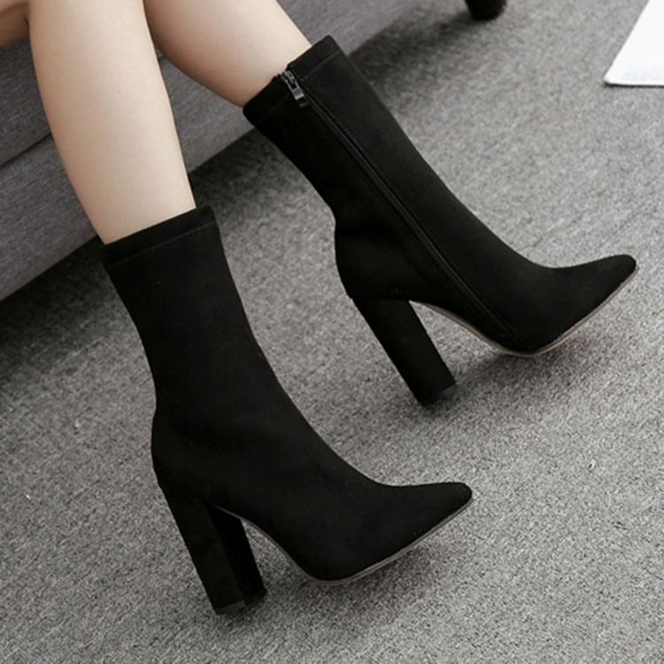 Blixtlås På Sidan Plain Chunky Heel Västerländska stövlar