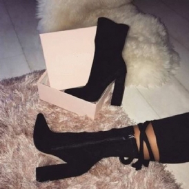 Blixtlås På Sidan Plain Chunky Heel Västerländska stövlar