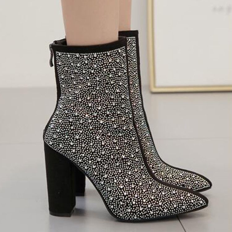 Chunky Häl Bak Blixtlås Spetsig Tå Diamant Stövlar Boots I Bomull