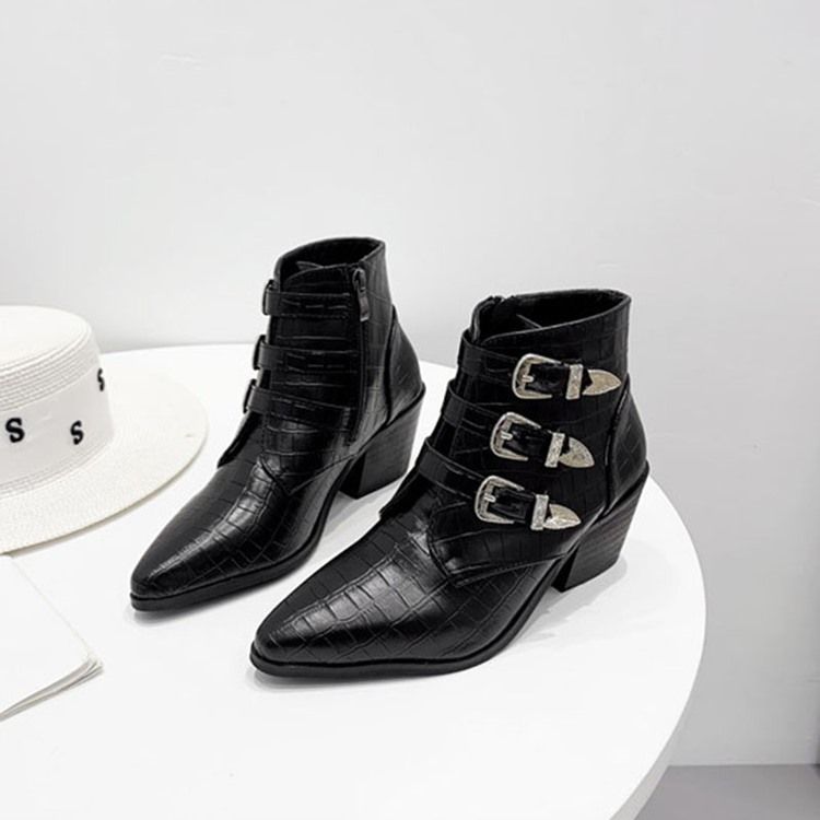 Chunky Häl Spetsad Tå Sida Blixtlås Alligator Mönster Stövlar Boots