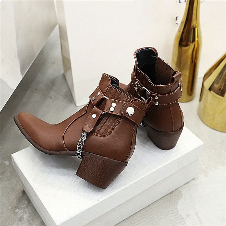 Chunky Heel Slip-On Spetsig Tå Damstövlar