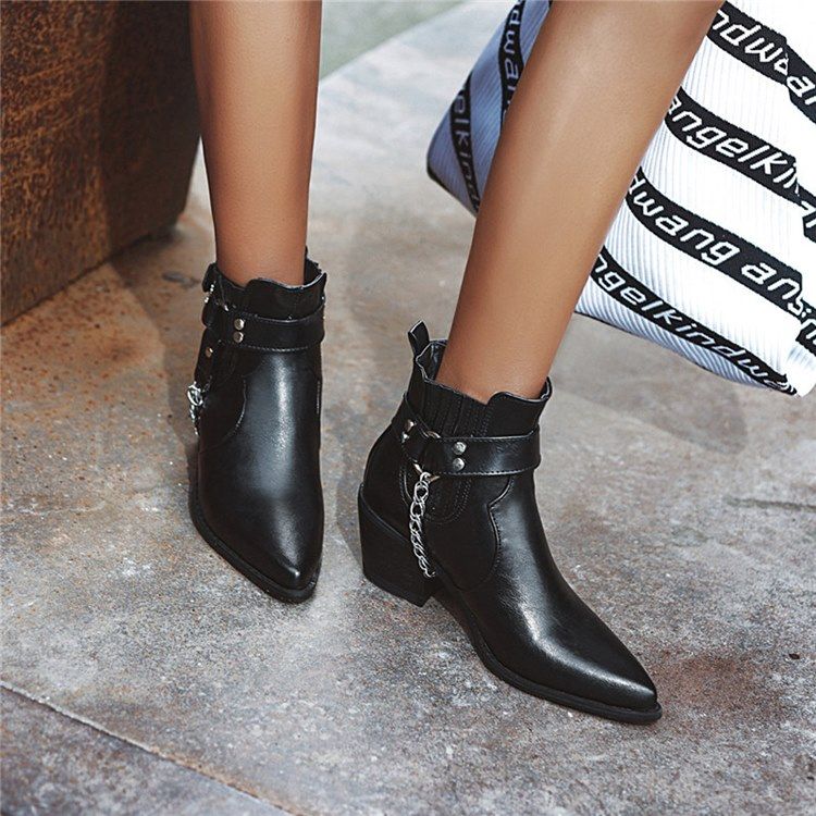 Chunky Heel Slip-On Spetsig Tå Damstövlar