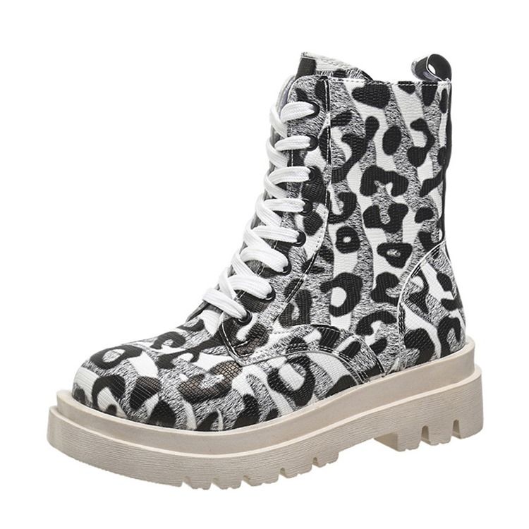 Leopard Med Rund Tå I Pu-Stövlar Med Snörning