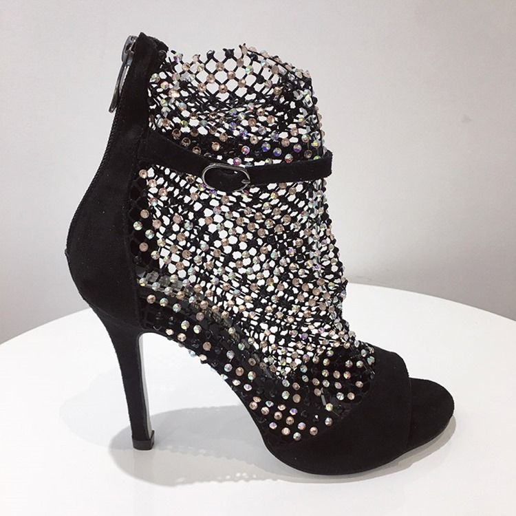Mesh Peep Toe Dragkedja Stilettklack Dam Ankel Stövlar Boots
