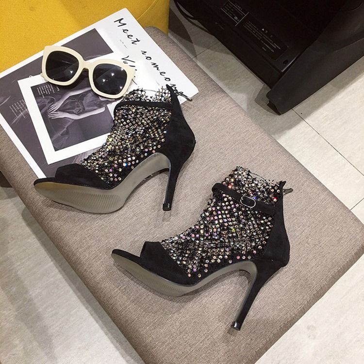 Mesh Peep Toe Dragkedja Stilettklack Dam Ankel Stövlar Boots