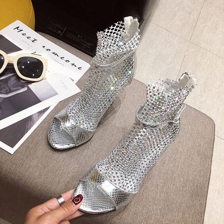 Mesh Peep Toe Dragkedja Stilettklack Dam Ankel Stövlar Boots