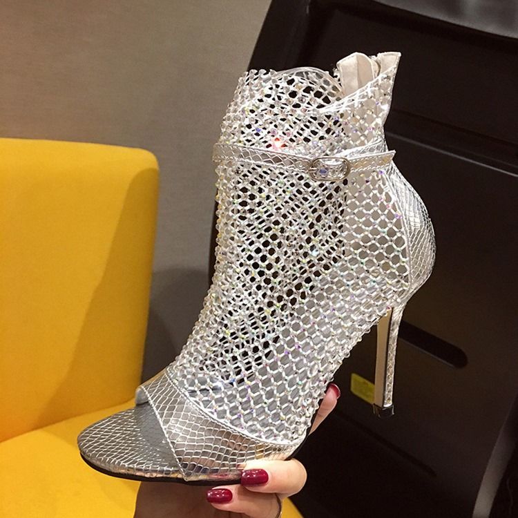 Mesh Peep Toe Dragkedja Stilettklack Dam Ankel Stövlar Boots