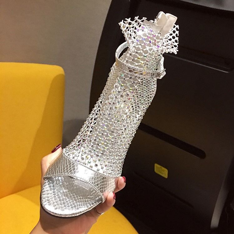 Mesh Peep Toe Dragkedja Stilettklack Dam Ankel Stövlar Boots