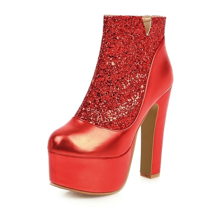 Paljett Chunky Heel Patchwork Sidodragkedja Sexiga Stövlar För Kvinnor