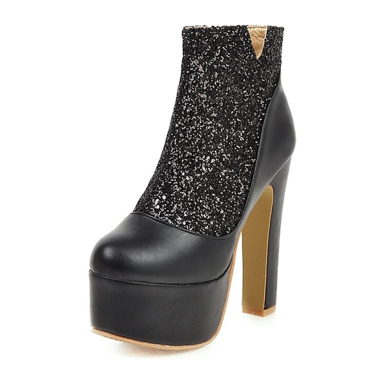 Paljett Chunky Heel Patchwork Sidodragkedja Sexiga Stövlar För Kvinnor