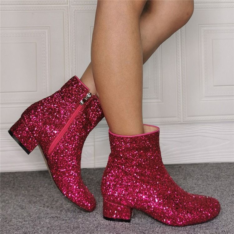 Paljetter Chunky Heel Side Zipper Rund Toe Västerländska stövlar