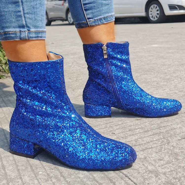 Paljetter Chunky Heel Side Zipper Rund Toe Västerländska stövlar