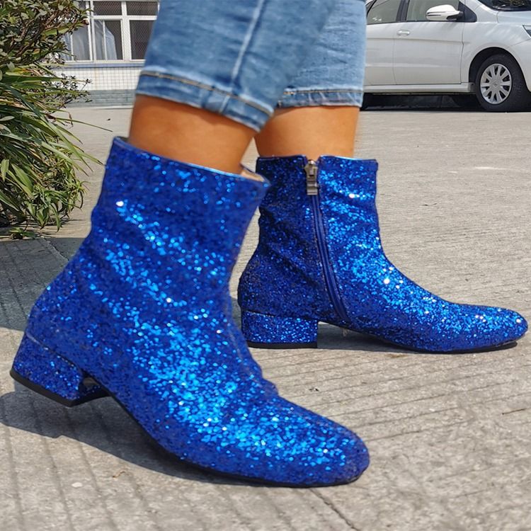 Paljetter Chunky Heel Side Zipper Rund Toe Västerländska stövlar